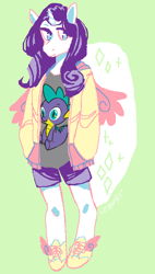 Size: 450x792 | Tagged: safe, artist:satyrdays, rarity, unicorn, anthro, g4, clothes, green background, implied spike, shirt, shoes, shorts, simple background, solo, sweatshirt, t-shirt, welovefine