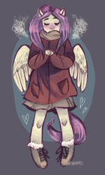 Size: 1042x1741 | Tagged: safe, artist:satyrdays, fluttershy, pegasus, anthro, g4, boots, clothes, eyes closed, jacket, shoes, solo