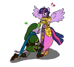Size: 1057x970 | Tagged: safe, anonymous artist, derpibooru exclusive, spike, twilight sparkle, alicorn, dragon, anthro, g4, clothes, cosplay, costume, dress, expressions, female, hand kiss, hat, heart, husband and wife, link, linkspike, male, mare, older, older spike, princess zelda, romantic, ship:twispike, shipping, spread wings, straight, the legend of zelda, tunic, twilight sparkle (alicorn), twizelda, wingboner, wings