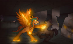 Size: 2800x1700 | Tagged: safe, artist:molars, oc, oc only, oc:ember, earth pony, pegasus, pony, fallout equestria, angry, bipedal, chemicals, duo, fight, fight scene, fire, glass, glowing, glowing eyes, gritted teeth, lab, laboratory, on fire, punch, raider, reflection, teeth, tied mane