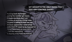 Size: 1167x691 | Tagged: safe, anonymous artist, sunny starscout, earth pony, pony, series:anorexic sunny, g5, anorexia, anorexic, bed, crying, eyes closed, female, hospital bed, implied weight loss, mare, skinny, solo, speech bubble, spine, starvation, talking, thin