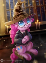 Size: 3023x4096 | Tagged: safe, artist:caddea, artist:caddeaartsfw, pinkie pie, earth pony, pony, g4, clothes, duo, glasses, harry potter (series), hat, high res, round glasses, sorting hat