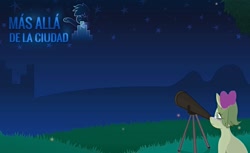 Size: 3056x1869 | Tagged: safe, artist:jamesmusic121, oc, oc:agua melon, earth pony, pony, album cover, bow, city, glasses, hair bow, hill, más allá de la ciudad, night, ponylatino, sky, stars, telescope