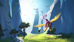 Size: 1920x1080 | Tagged: safe, artist:haku nichiya, fluttershy, bird, pegasus, pony, g4, crepuscular rays, female, flying, mare, mountain, outdoors, scenery, smiling, solo, spread wings, tree, wings