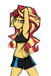 Size: 483x720 | Tagged: safe, artist:vitaltoast, sunset shimmer, human, equestria girls, g4, back, clothes, colored sketch, female, freckles, peppered bacon, shorts, simple background, sketch, sleeveless, solo, sports bra, stretching, white background