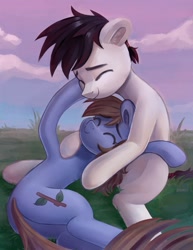 Size: 1418x1834 | Tagged: safe, artist:krista-21, oc, oc only, earth pony, pony, cuddling, duo, earth pony oc, eyes closed, female, happy, hoof on cheek, lying down, male, mare, oc x oc, outdoors, shipping, sitting, smiling, stallion