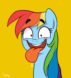 Size: 915x1002 | Tagged: safe, artist:littmosa, rainbow dash, pegasus, pony, g4, behaving like a dog, blushing, bust, cute, dashabetes, drool, drool string, eyebrows, eyebrows visible through hair, female, looking at you, orange background, signature, simple background, smiling, solo, tongue out, wide eyes