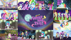 Size: 1280x721 | Tagged: safe, editor:quoterific, screencap, applejack, dj pon-3, fluttershy, pinkie pie, rainbow dash, rarity, twilight sparkle, vinyl scratch, human, equestria girls, g4, shake your tail, disco ball