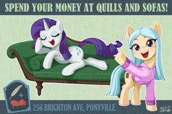 Size: 1360x905 | Tagged: safe, artist:uotapo, rarity, earth pony, pony, unicorn, g4, advertisement, andrea davenport, clothes, couch, crossover, eyes closed, eyeshadow, freckles, hoodie, lounging, makeup, ponified, quills and sofas, reclining, the ghost and molly mcgee