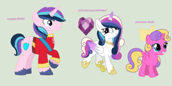 Size: 1024x516 | Tagged: safe, artist:vileotflash, princess skyla, oc, oc:crystal shield, oc:princess aurora heart, alicorn, pony, unicorn, g4, 2015, alicorn oc, blank flank, bow, brother and sister, clothes, colored hooves, colored horn, colored wings, cutie mark, female, filly, foal, gradient wings, green background, hair bow, hoof shoes, horn, male, mare, offspring, parent:princess cadance, parent:shining armor, parents:shiningcadance, peytral, siblings, simple background, sisters, stallion, suit, trio, unicorn oc, unshorn fetlocks, wings