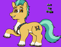 Size: 2385x1860 | Tagged: safe, artist:puffydearlysmith, hitch trailblazer, earth pony, pony, g5, my little pony: a new generation, blaze (coat marking), chest fluff, coat markings, facial markings, looking at you, male, purple background, raised hoof, sash, sheriff's badge, simple background, smiling, stallion, unshorn fetlocks