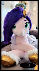 Size: 1280x2294 | Tagged: safe, artist:purplenebulastudios, pipp petals, pegasus, pony, g5, crossed legs, crown, female, irl, jewelry, looking at you, lying down, mare, photo, plushie, prone, regalia, solo