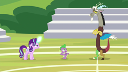 Size: 1280x720 | Tagged: safe, screencap, discord, spike, starlight glimmer, draconequus, dragon, pony, unicorn, a matter of principals, g4, season 8, angry, crossed arms, female, looking at each other, looking at someone, male, mare, this will end in fight, trio, unamused, winged spike, wings