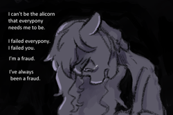 Size: 924x613 | Tagged: safe, anonymous artist, sunny starscout, earth pony, pony, series:anorexic sunny, g5, anorexia, anorexic, crying, defeated, ears back, emaciated, female, grayscale, impostor syndrome, looking down, mare, monochrome, open mouth, self deprecation, skinny, solo, starvation, talking, teary eyes, thin