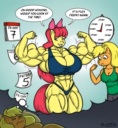 Size: 1397x1520 | Tagged: safe, artist:ritualist, apple bloom, applejack, earth pony, anthro, g4, abs, apple bloom's bow, apple brawn, apple sisters, armpits, art trade, biceps, bodybuilder, bow, breasts, buff breasts, busty apple bloom, busty applejack, clock, clothes, comparison, dialogue, duo, emanata, female, flexing, hair bow, mare, muscles, muscular female, nightmare, older, older apple bloom, pecs, siblings, sisters, skinny, speech bubble, swimsuit, thighs, thin, thunder thighs, triceps