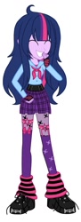Size: 464x1280 | Tagged: safe, artist:selenaede, twilight sparkle, human, equestria girls, g4, ahoge, alternate clothes, alternate hairstyle, bangs, base used, boots, bow, buttons, clothes, eyes closed, female, fingerless gloves, garter, garter belt, garter straps, garters, giggling, gloves, hand over mouth, highlights, laughing, leg warmers, long hair, long socks, miniskirt, plaid, plaid skirt, platform boots, platform shoes, shoes, simple background, skirt, skull, smiling, socks, solo, spikes, stars, stockings, striped gloves, stripes, teeth, thigh highs, thigh socks, tights, white background