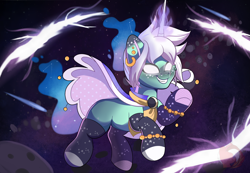 Size: 2220x1540 | Tagged: safe, artist:joaothejohn, oc, oc only, oc:nova starway, pony, unicorn, asteroid, clothes, comet, commission, ear piercing, earring, flying, horn, jewelry, looking up, magic, piercing, rift, socks, space, unicorn oc