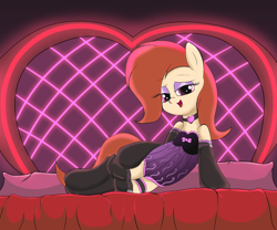 Size: 2400x2000 | Tagged: safe, artist:amateur-draw, oc, oc only, oc:phosphor flame, earth pony, pony, bedroom, bedroom eyes, clothes, female, high res, leotard, lingerie, makeup, mare, naughty, sexy, solo, stockings, sultry pose, thigh highs