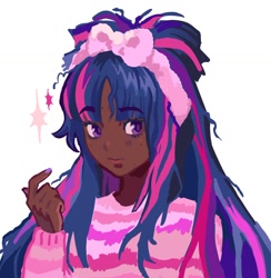 Size: 1276x1307 | Tagged: safe, artist:cookibites, twilight sparkle, human, g4, bow, bust, dark skin, eyebrows, eyebrows visible through hair, hair bow, humanized, raised hand, simple background, solo, white background