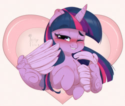 Size: 1000x848 | Tagged: safe, artist:inkypuso, twilight sparkle, alicorn, pony, g4, blushing, cute, female, grin, heart, lip bite, mare, one eye closed, smiling, solo, twiabetes, twilight sparkle (alicorn), wing hands, wings, wink