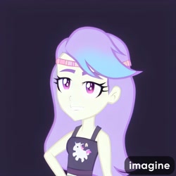 Size: 2048x2048 | Tagged: safe, ai assisted, ai content, artist:rainbowstarcolour262, snow flower, human, equestria girls, g4, bare shoulders, black background, clothes, female, hand on hip, headband, high res, midriff, simple background, sleeveless, solo, tank top, watermark