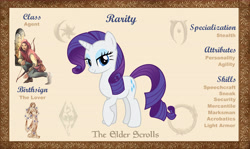 Size: 10100x6000 | Tagged: safe, artist:andoanimalia, artist:php170, rarity, pony, unicorn, g4, absurd resolution, bio, eyeshadow, female, looking at you, makeup, mare, morrowind, oblivion, raised hoof, reference sheet, skyrim, smiling, smiling at you, solo, the elder scrolls, the elder scrolls: equestria, vector