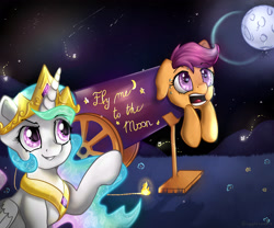 Size: 3000x2500 | Tagged: safe, artist:appleneedle, princess celestia, scootaloo, alicorn, firefly (insect), insect, pegasus, pony, g4, cannon, crown, duo, duo female, female, fire, fuse, grass, high res, jewelry, moon, night, pony cannonball, regalia, slapstick, stars, sweat, sweatdrop, this will end in tears and/or a journey to the moon, to the moon