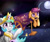 Size: 3000x2500 | Tagged: safe, artist:appleneedle, princess celestia, scootaloo, alicorn, firefly (insect), insect, pegasus, pony, g4, cannon, crown, duo, duo female, female, fire, fuse, grass, high res, jewelry, moon, night, pony cannonball, regalia, slapstick, stars, sweat, sweatdrop, this will end in tears and/or a journey to the moon, to the moon