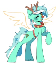Size: 1148x1320 | Tagged: safe, artist:pledus, lyra heartstrings, pony, unicorn, g4, animal costume, collar, costume, horns, reindeer costume, simple background, solo, standing, white background, wings