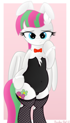 Size: 2309x4032 | Tagged: safe, artist:rainbowšpekgs, blossomforth, pegasus, pony, g4, adorasexy, bedroom eyes, belly, belly button, bipedal, bowtie, bunny ears, bunny suit, chest fluff, chubby, clothes, cute, female, fishnet stockings, freckles, looking at you, mare, sexy, simple background, solo