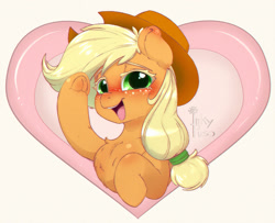 Size: 1000x810 | Tagged: safe, artist:inkypuso, applejack, earth pony, pony, g4, applejack's hat, blushing, bust, chest fluff, cowboy hat, female, freckles, frog (hoof), hat, heart, holiday, hoofbutt, mare, raised hoof, smiling, solo, underhoof, valentine's day