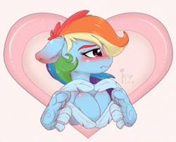 Size: 1000x809 | Tagged: safe, artist:inkypuso, rainbow dash, pegasus, pony, g4, blushing, bust, colored eyebrows, feather fingers, female, floppy ears, heart, heart hands, holiday, looking away, mare, misleading thumbnail, solo, tsunderainbow, tsundere, valentine's day, wing hands, wings