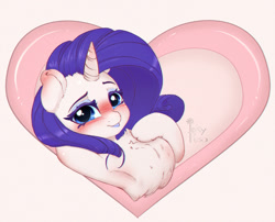 Size: 1000x807 | Tagged: safe, artist:inkypuso, rarity, pony, unicorn, g4, armpits, blushing, chest fluff, heart, holiday, looking at you, makeup, solo, valentine's day