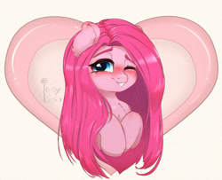Size: 1000x812 | Tagged: safe, artist:inkypuso, pinkie pie, earth pony, pony, g4, blushing, chest fluff, cute, cuteamena, heart, holiday, long mane, one eye closed, pinkamena diane pie, smiling, solo, straight hair, valentine's day, wink