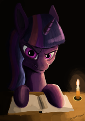 Size: 1353x1936 | Tagged: safe, artist:tazool, twilight sparkle, pony, unicorn, g4, angry, book, candle, dark background, desk, female, glare, looking at you, solo, unamused, unhappy