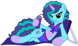 Size: 6302x3723 | Tagged: safe, artist:ejlightning007arts, misty brightdawn, pony, unicorn, g4, g5, my little pony: make your mark, spoiler:g5, bench, bikini, clothes, draw me like one of your french girls, g5 to g4, generation leap, out of character, pose, sexy, simple background, smoothie, solo, stupid sexy misty, swimsuit, transparent background, two-piece swimsuit, vector