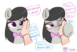 Size: 1992x1356 | Tagged: safe, artist:mar0x8, octavia melody, earth pony, human, pony, g4, blushing, bronybait, bust, cute, dialogue, grammar error, human on pony petting, misspelling of your, petting, simple background, smiling, tavibetes, text, white background