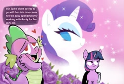 Size: 1992x1356 | Tagged: safe, artist:mar0x8, part of a set, rarity, spike, twilight sparkle, dragon, pony, unicorn, g4, floating heart, heart, smiling, smirk, text, unicorn twilight