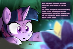 Size: 1992x1356 | Tagged: safe, artist:mar0x8, twilight sparkle, pony, unicorn, g4, everfree forest, flower, lying down, scratches, solo, text, unicorn twilight