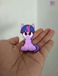 Size: 1560x2048 | Tagged: safe, artist:mar0x8, twilight sparkle, human, pony, unicorn, g4, chibi, cute, in goliath's palm, looking at you, photo, sitting, size difference, smiling, solo, tiny, tiny ponies, twiabetes, unicorn twilight