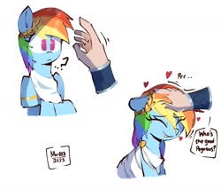 Size: 1442x1231 | Tagged: safe, artist:mar0x8, rainbow dash, human, pegasus, pony, g4, behaving like a cat, clothes, cute, dashabetes, dialogue, eyes closed, female, floating heart, floppy ears, good girl, hand, heart, human on pony petting, laurel wreath, mare, petting, purring, question mark, signature, simple background, smiling, speech bubble, text, toga, white background
