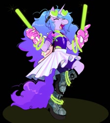 Size: 1343x1500 | Tagged: safe, artist:stevetwisp, izzy moonbow, unicorn, anthro, g5, black background, boots, clothes, eyes closed, glowstick, goggles, rave, shoes, simple background, skirt, solo, standing, standing on one leg