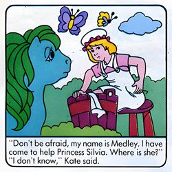 Size: 600x600 | Tagged: artist needed, safe, official comic, medley, butterfly, human, pegasus, pony, comic:my little pony (g1), g1, dialogue, duo, female, kate the maid, mare, medley and the cloud princess, scan, upscaled