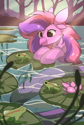 Size: 2030x3040 | Tagged: safe, artist:beardie, oc, oc only, frog, commission, high res, lilypad, pond, scenery, smiling, solo, swimming, water