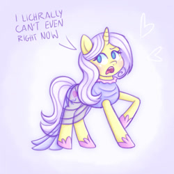 Size: 1000x1000 | Tagged: safe, artist:felicitea, lily lace, pony, unicorn, g4, clothes, dress, februpony, female, mare, simple background, solo, text