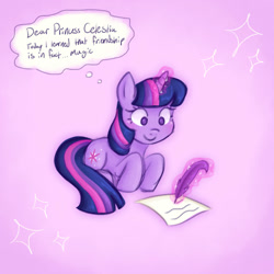 Size: 1000x1000 | Tagged: safe, artist:felicitea, twilight sparkle, pony, unicorn, g4, februpony, female, glowing, glowing horn, horn, magic, magic aura, mare, quill, solo, telekinesis, text, thought bubble