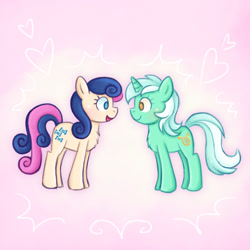 Size: 974x974 | Tagged: safe, artist:felicitea, bon bon, lyra heartstrings, sweetie drops, earth pony, pony, unicorn, g4, februpony, female, lesbian, looking at each other, looking at someone, mare, ship:lyrabon, shipping, shipping fuel, simple background