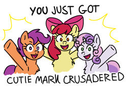Size: 1000x680 | Tagged: safe, artist:memethyst-art, apple bloom, scootaloo, sweetie belle, earth pony, pegasus, pony, unicorn, apple bloom's bow, bow, cutie mark crusaders, female, filly, foal, hair bow, looking at you, simple background, text, white background