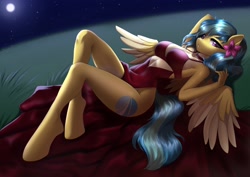Size: 2048x1448 | Tagged: safe, artist:yutakira92, oc, oc only, oc:jeppesen, pegasus, anthro, unguligrade anthro, absolute cleavage, alternate hairstyle, anthro oc, arm behind head, belly, breasts, cleavage, clothes, colored wings, dress, female, flower, flower in hair, grass, grass field, legs, looking at you, lying down, moon, multicolored wings, night, open mouth, outdoors, pegasus oc, raised arm, red dress, relaxing, solo, spread wings, white belly, wings