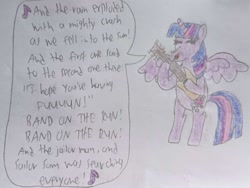 Size: 624x468 | Tagged: safe, artist:mr.myoozik, derpibooru exclusive, twilight sparkle, alicorn, pony, g4, anniversary art, band on the run, bipedal, blue hair, eyes closed, female, guitar, happy, horn, lyrics, mare, musical instrument, paul mccartney & wings, playing instrument, simple background, singing, skunk stripe, solo, song reference, speech bubble, spread wings, tail, text, traditional art, twilight sparkle (alicorn), wings